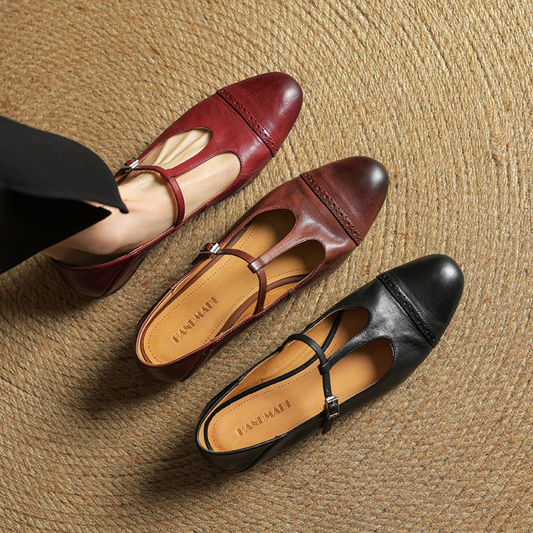 Women's T-Strap Leather Ballet Flats — Ellen Cushioned Buckle Mary Jane