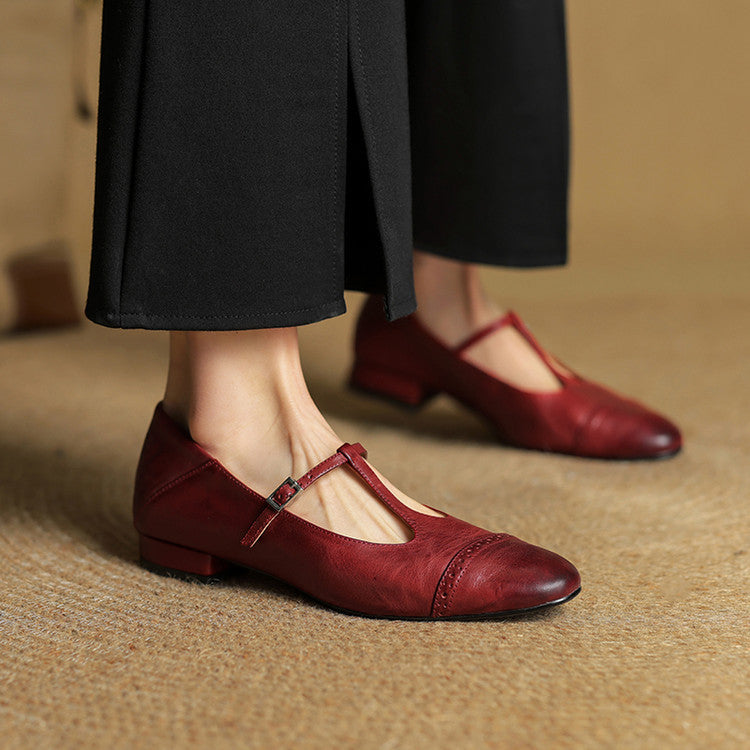 Women's T-Strap Leather Ballet Flats — Ellen Cushioned Buckle Mary Jane