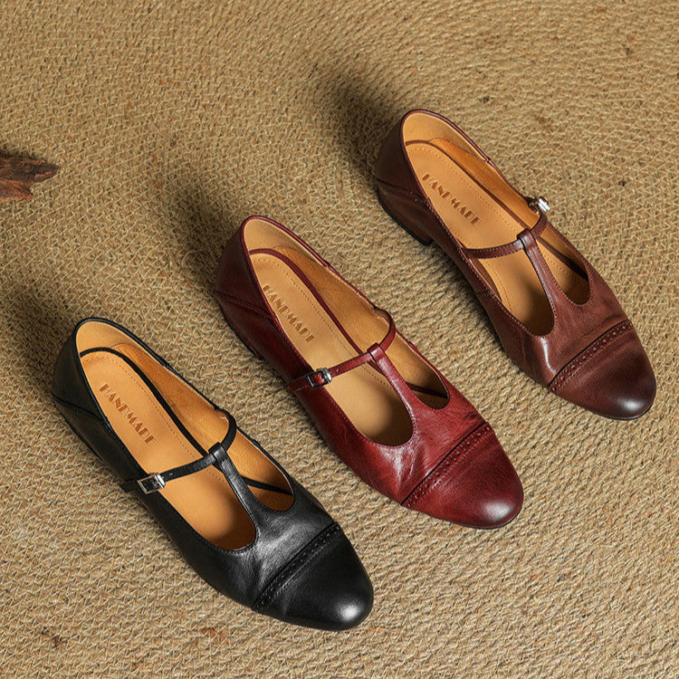 Women's T-Strap Leather Ballet Flats — Ellen Cushioned Buckle Mary Jane