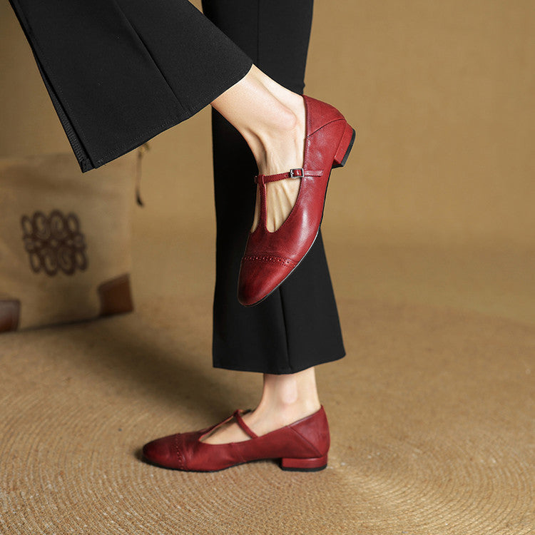 Women's T-Strap Leather Ballet Flats — Ellen Cushioned Buckle Mary Jane