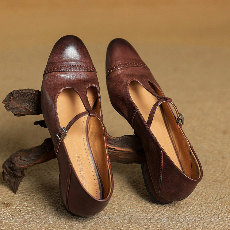 Women's T-Strap Leather Ballet Flats — Ellen Cushioned Buckle Mary Jane