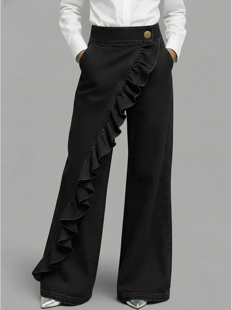 Black Women's Wide Leg Jeans — Cami Relaxed-Fit Ruffle High-Waisted