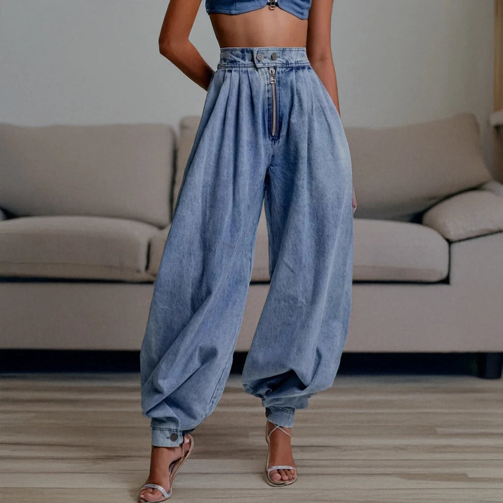 Women's Blue Baggy Barrel Leg Jeans — Cherie Relaxed-Fit Zip-Front High-Waisted