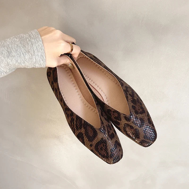 Dark Brown Women's Leopard Leather Ballet Flats — Rosabel Cushioned Square-Toe Slip-On