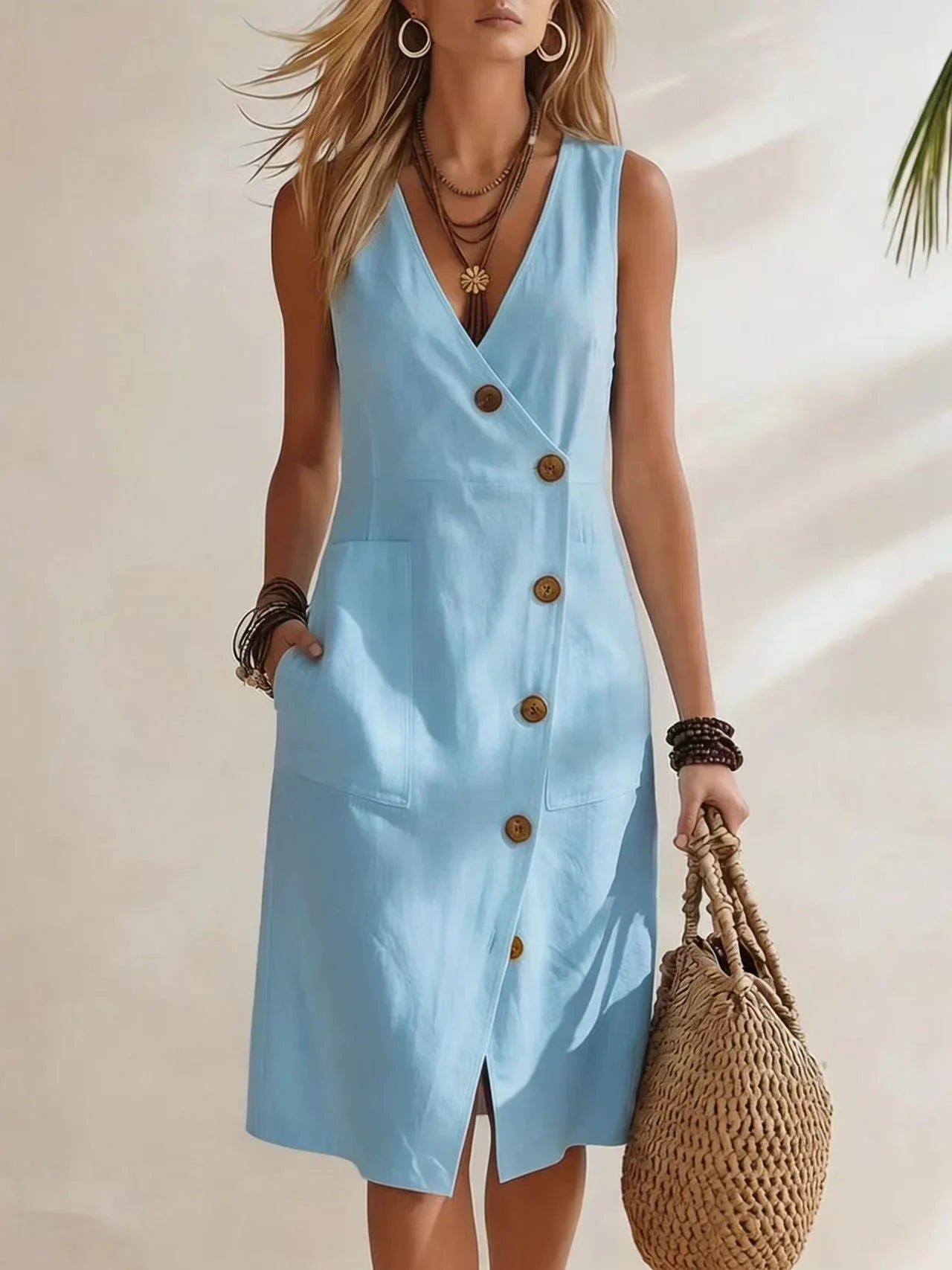 Light Blue Women's Button-Front Wrap Midi Dress — Mira Linen Sleeveless Pockets