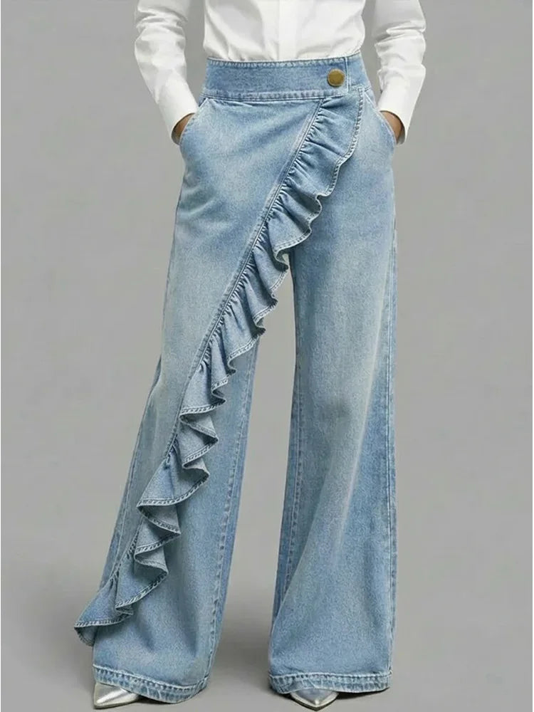 Light Blue Women's Wide Leg Jeans — Cami Relaxed-Fit Ruffle High-Waisted