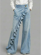 Light Blue Women's Wide Leg Jeans — Cami Relaxed-Fit Ruffle High-Waisted