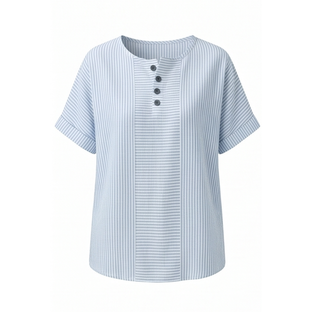 Sky Blue Blue Women's Striped Henley Top — Winifred Relaxed-Fit Button-Front Cotton