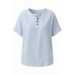 Sky Blue Women's Striped Henley Top — Winifred Relaxed-Fit Button-Front Cotton