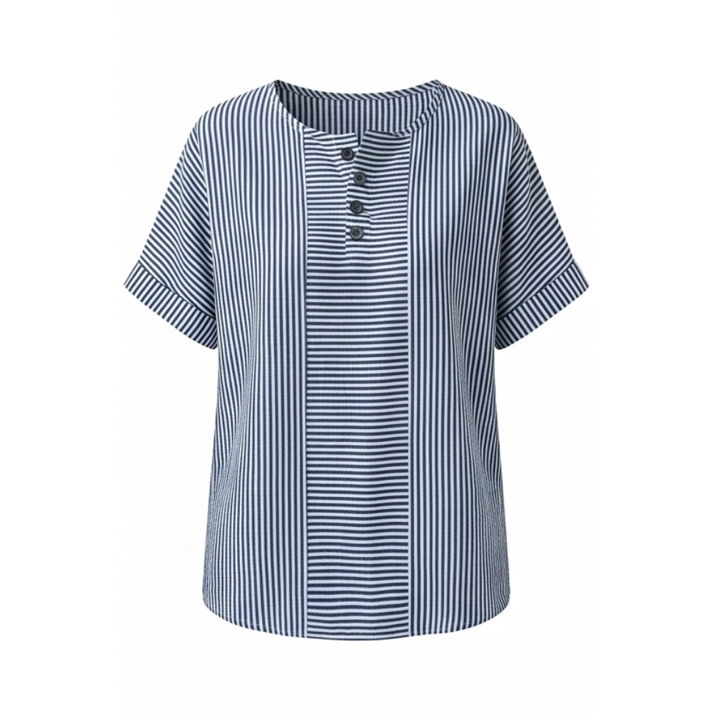 Women's Striped Henley Top — Winifred Relaxed-Fit Button-Front Cotton