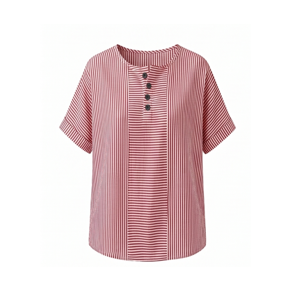 Red Women's Striped Henley Top — Winifred Relaxed-Fit Button-Front Cotton