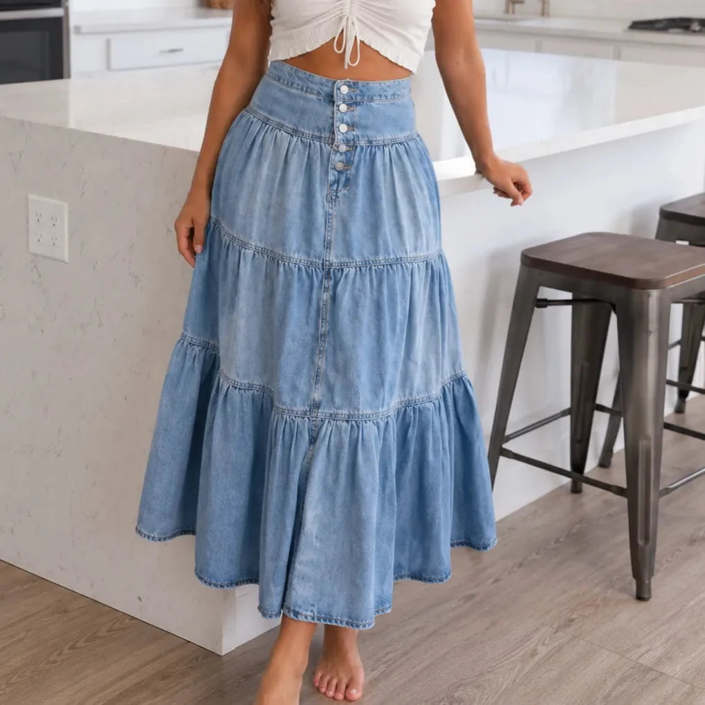 Women's Tiered Denim Maxi Skirt — Emma Boho Button-Front High-Waisted