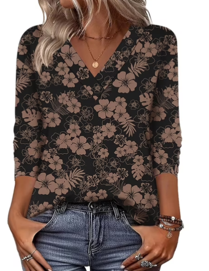 Black Women's Floral V-Neck Tunic Tops — Anouk Three-Quarter Sleeve Relaxed Fit