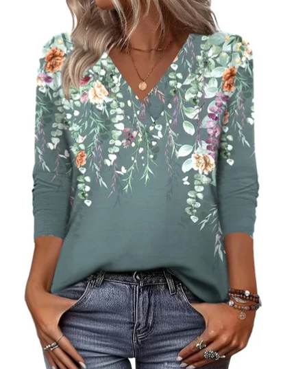 Green Women's Floral V-Neck Tunic Tops — Anouk Three-Quarter Sleeve Relaxed Fit