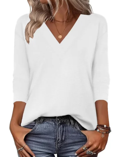 White Women's Floral V-Neck Tunic Tops — Anouk Three-Quarter Sleeve Relaxed Fit