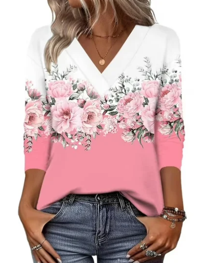 Pink Women's Floral V-Neck Tunic Tops — Anouk Three-Quarter Sleeve Relaxed Fit
