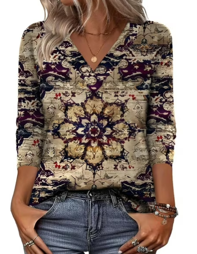 Khaki Women's Floral V-Neck Tunic Tops — Anouk Three-Quarter Sleeve Relaxed Fit