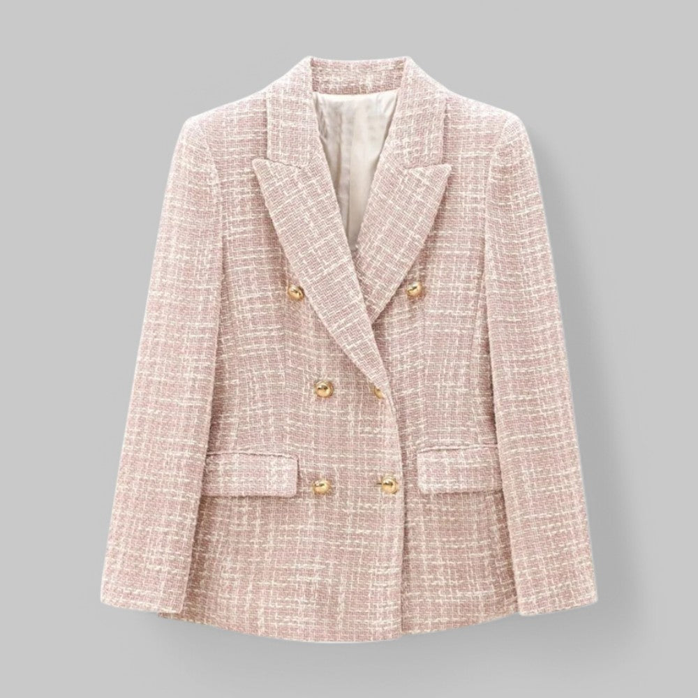 Multicolor Women's Tweed Blazer — Genevieve Tailored Double-Breasted Gold-Button