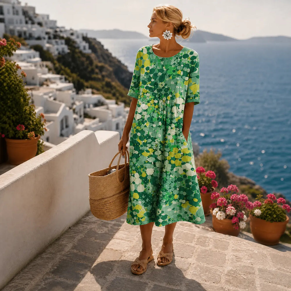 Green Women's Floral Midi Dress — Mila A-Line Short Sleeve Sundress - Side Pose