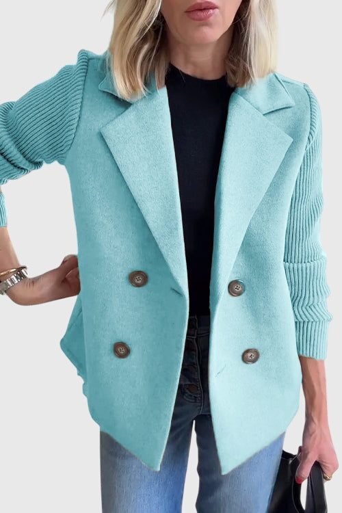 Light Blue Blue Women's Double-Breasted Blazers — Isabella Contrast-Sleeve Notched Lapel
