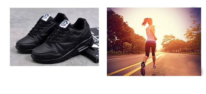 Black Women's Lace-Up Air Cushion Sneakers — Sinead Cushioned Lightweight Sporty - Flatlay With Model Running