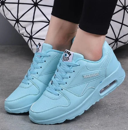 Blue Women's Lace-Up Air Cushion Sneakers — Sinead Cushioned Lightweight Sporty - Worn Closeup