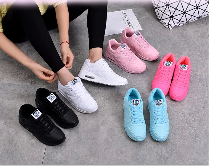 Multi Color Women's Lace-Up Air Cushion Sneakers — Sinead Cushioned Lightweight Sporty - Group Shot All Colors