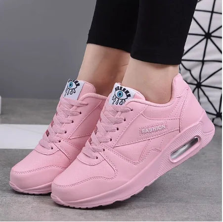 Pink Women's Lace-Up Air Cushion Sneakers — Sinead Cushioned Lightweight Sporty - Crossed Ankles Pose
