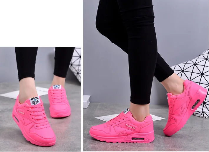 Pink Women's Lace-Up Air Cushion Sneakers — Sinead Cushioned Lightweight Sporty - Dual View Worn