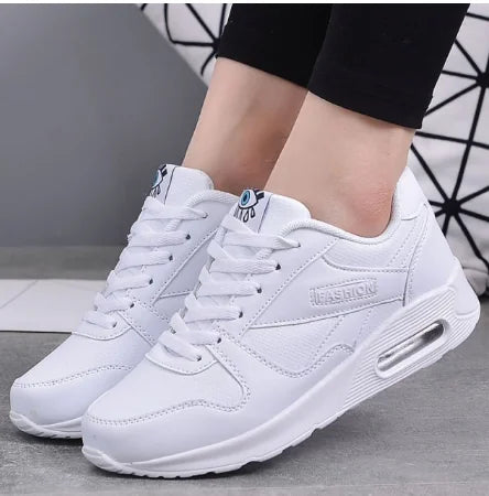 White Women's Lace-Up Air Cushion Sneakers — Sinead Cushioned Lightweight Sporty - Worn Side