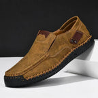 Brown Men's Slip-On Shoes With Arch Support — Salma Hand-Stitched Moc Toe Loafers - Angled Heel View