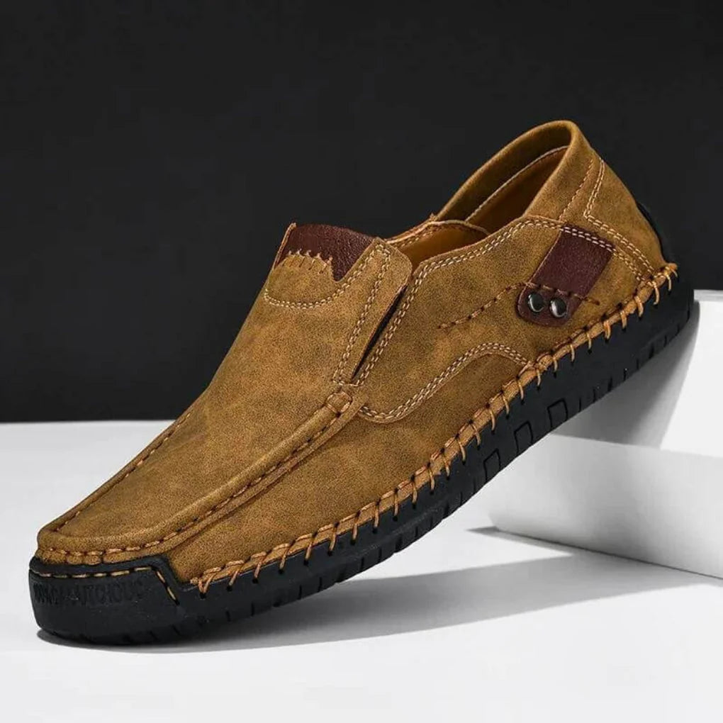 Brown Men's Slip-On Shoes With Arch Support — Salma Hand-Stitched Moc Toe Loafers - Angled Heel View