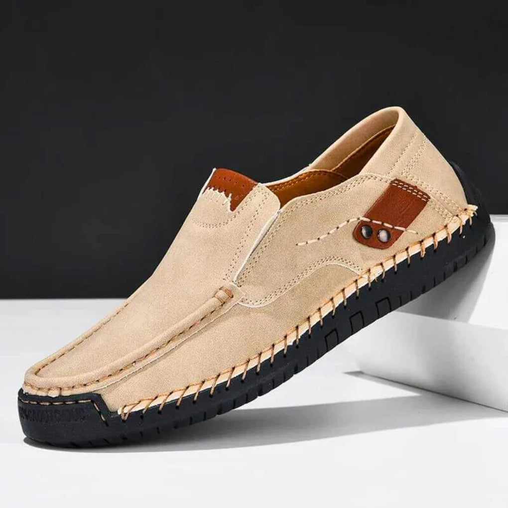 Brown Men's Slip-On Shoes With Arch Support — Salma Hand-Stitched Moc Toe Loafers - Side Pose Studio