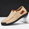 Brown Men's Slip-On Shoes With Arch Support — Salma Hand-Stitched Moc Toe Loafers - Side Pose Studio