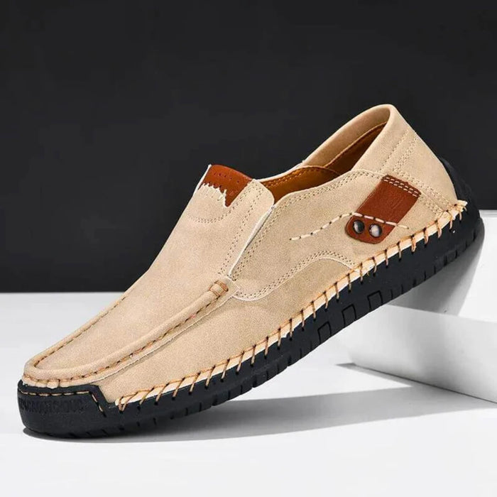 Brown Men's Slip-On Shoes With Arch Support — Salma Hand-Stitched Moc Toe Loafers - Side Pose Studio