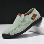 Green Men's Slip-On Shoes With Arch Support — Salma Hand-Stitched Moc Toe Loafers - Elevated Side View
