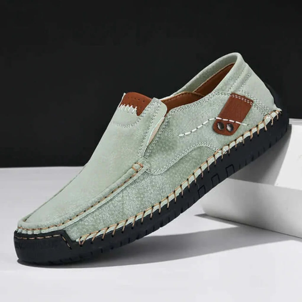 Green Men's Slip-On Shoes With Arch Support — Salma Hand-Stitched Moc Toe Loafers - Elevated Side View