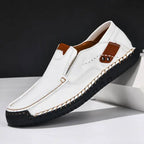 White Men's Slip-On Shoes With Arch Support — Salma Hand-Stitched Moc Toe Loafers - Clean Studio
