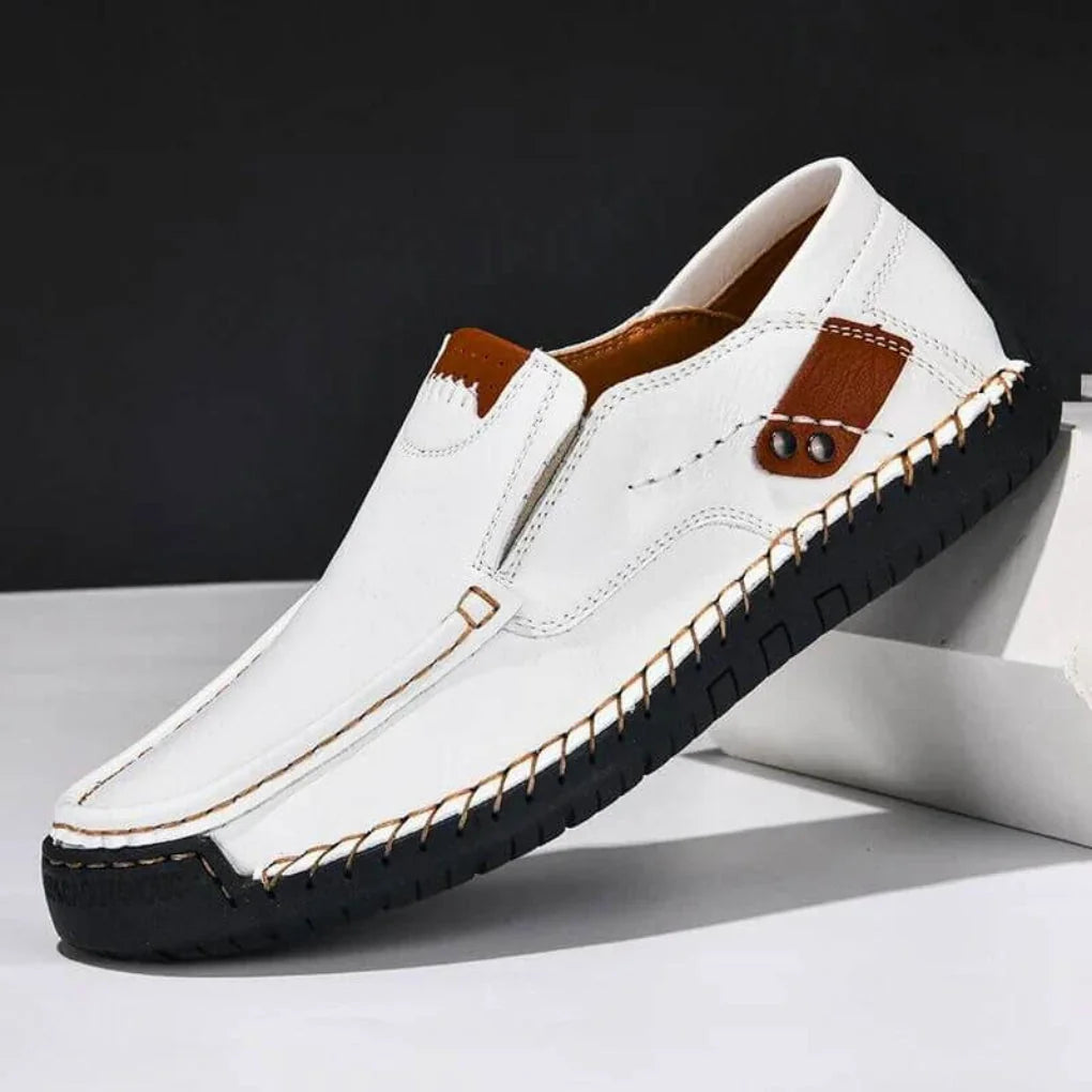 White Men's Slip-On Shoes With Arch Support — Salma Hand-Stitched Moc Toe Loafers - Clean Studio