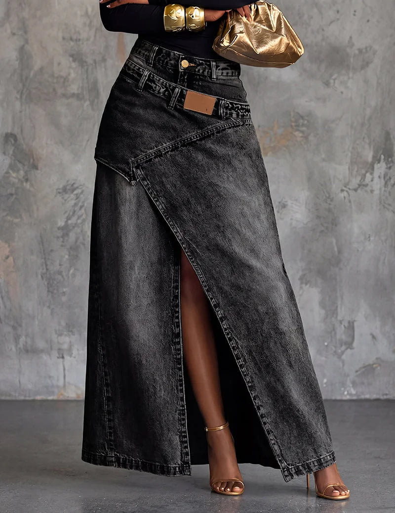 Black Women's Wrap Denim Maxi Skirt — Shea Relaxed-Fit High-Waisted Front Slit - Front Slit Detail