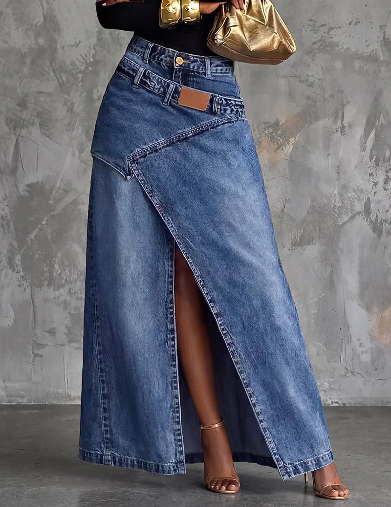 Blue Women's Wrap Denim Maxi Skirt — Shea Relaxed-Fit High-Waisted Front Slit - Close Up Front