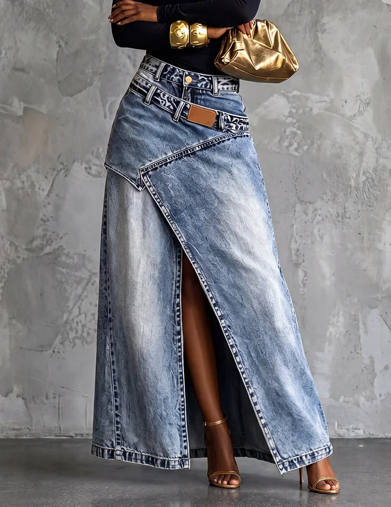 Light Blue Women's Wrap Denim Maxi Skirt — Shea Relaxed-Fit High-Waisted Front Slit - Front Full