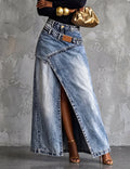 Light Blue Women's Wrap Denim Maxi Skirt — Shea Relaxed-Fit High-Waisted Front Slit - Front Full