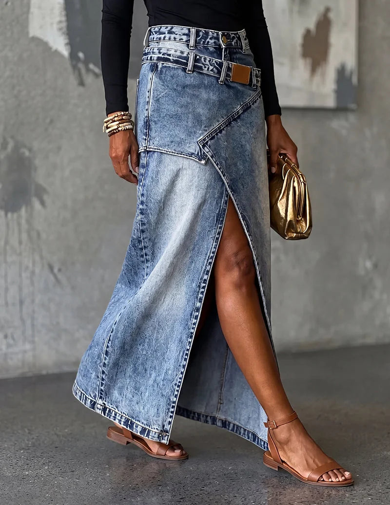 Blue Women's Wrap Denim Maxi Skirt — Shea Relaxed-Fit High-Waisted Front Slit - Model Walking