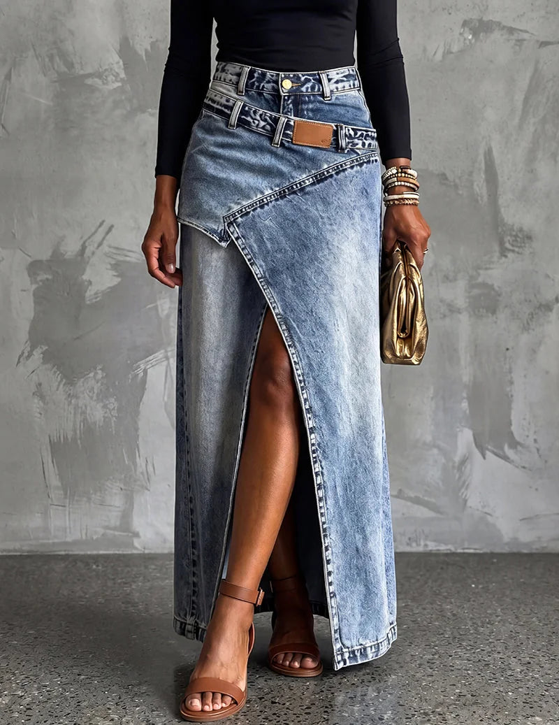 Blue Women's Wrap Denim Maxi Skirt — Shea Relaxed-Fit High-Waisted Front Slit - Side Pose