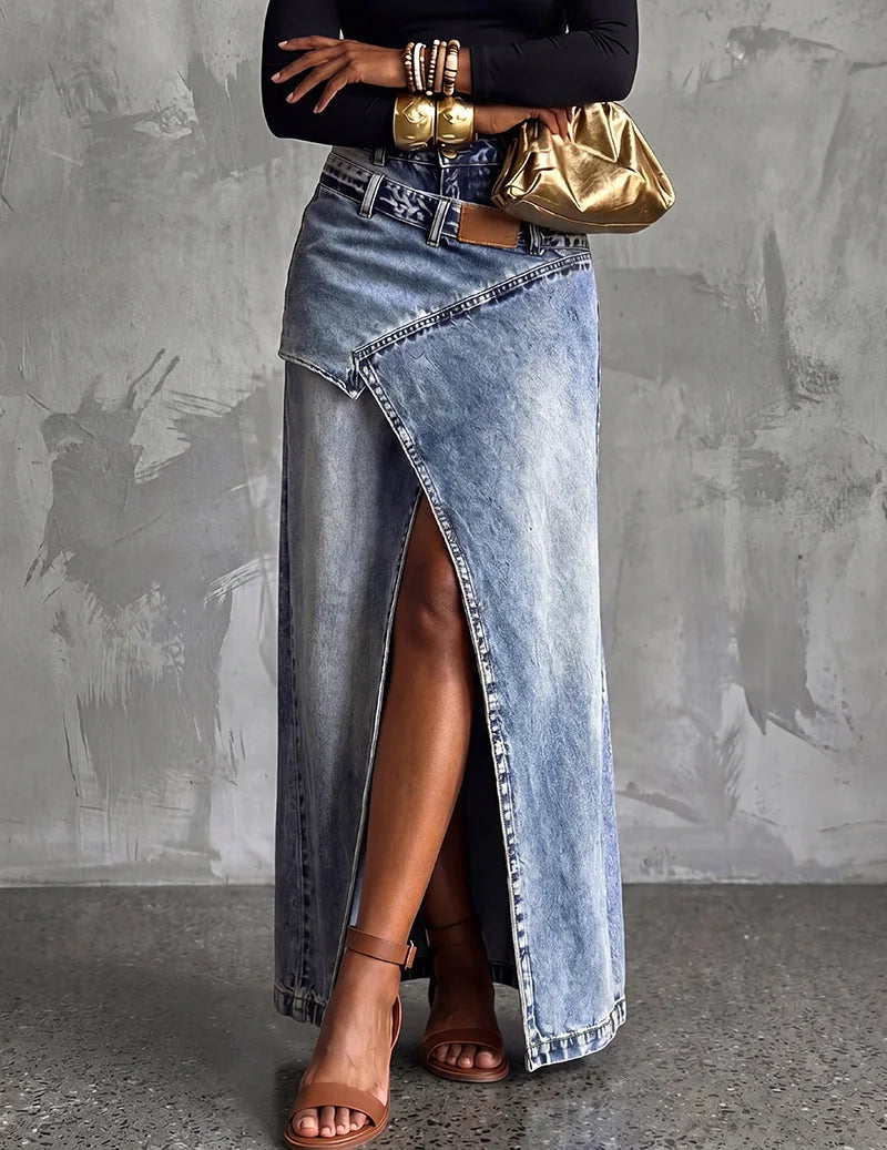 Blue Women's Wrap Denim Maxi Skirt — Shea Relaxed-Fit High-Waisted Front Slit - Waist Detail