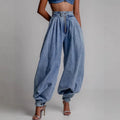 Blue Women's Blue Baggy Barrel Leg Jeans — Cherie Relaxed-Fit Zip-Front High-Waisted - Studio Front