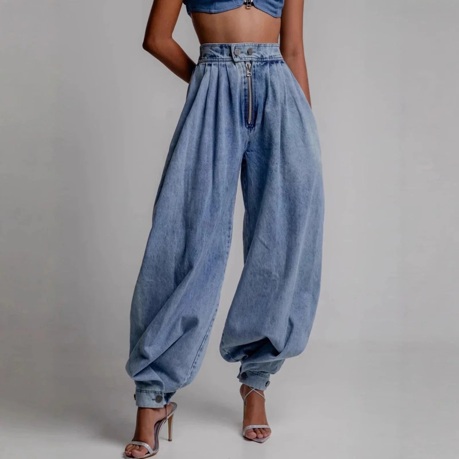 Blue Women's Blue Baggy Barrel Leg Jeans — Cherie Relaxed-Fit Zip-Front High-Waisted - Studio Front