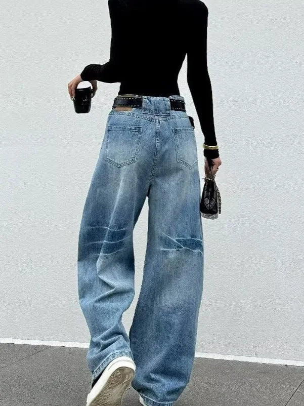 Blue Women's High Waist Washed Barrel Leg Jeans — Talia Zip-Fly Wide-Leg Patched - Back Full