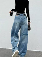 Blue Women's High Waist Washed Barrel Leg Jeans — Talia Zip-Fly Wide-Leg Patched - Back Full